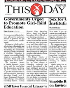 Thisday Newspaper report on the activities of onelife initiative during a documentary screening in Oyo state, Nigeria